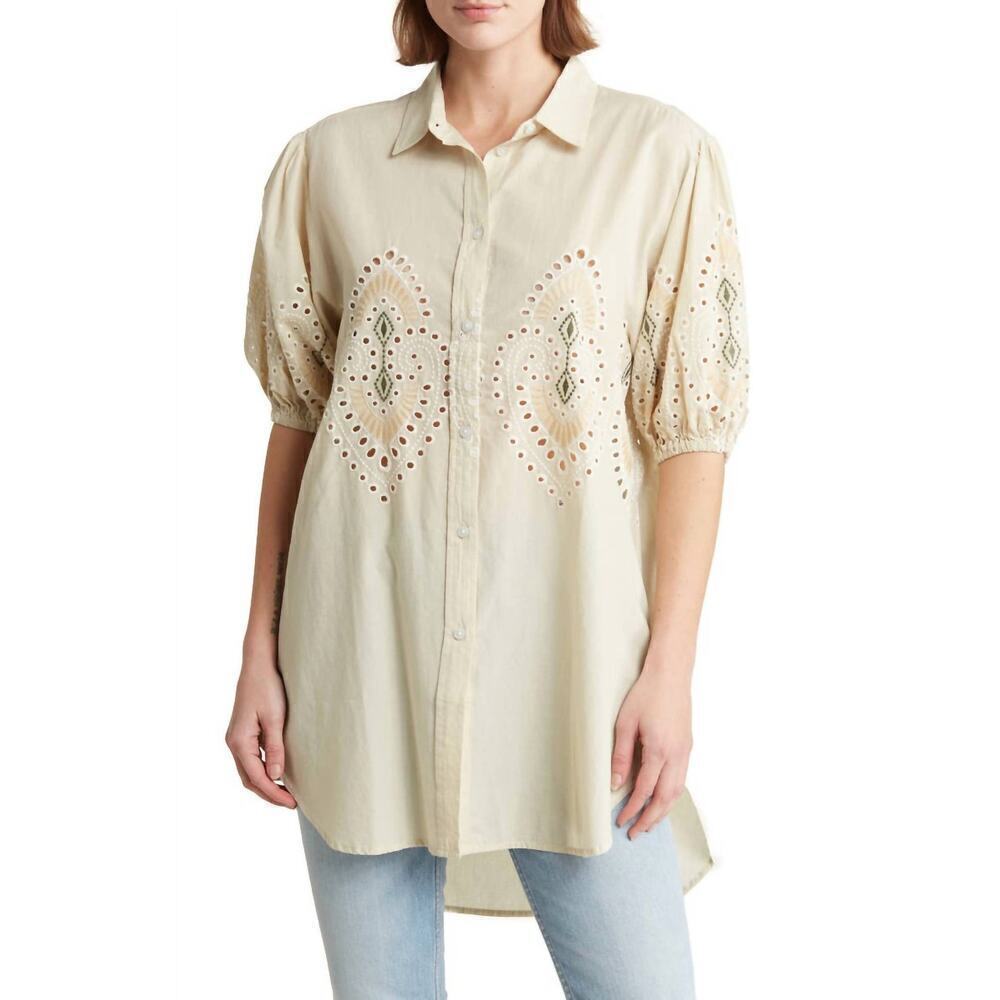 NWT 7 FOR ALL MANKIND Puff Sleeve Embroidered Tunic Top Beige Cottage Prairie